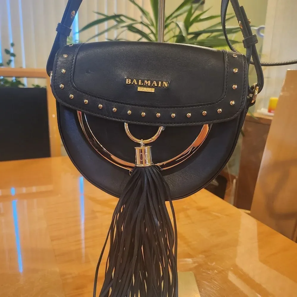 Balmain Black Leathet Crossbody Bag with Gold Accents And Bold Tassel